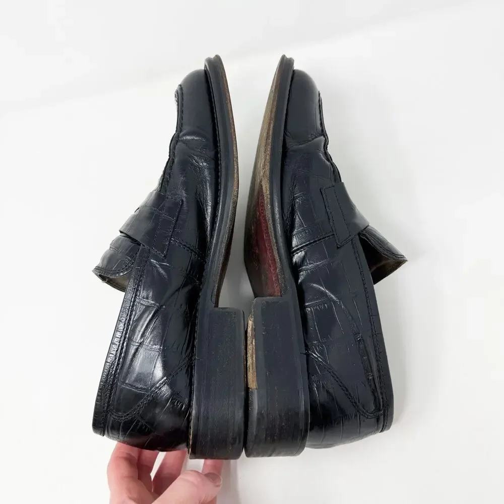 Vintage 90s Kenneth Cole Black Leather Croc Embossed Loafers 8.5 Made in Italy
